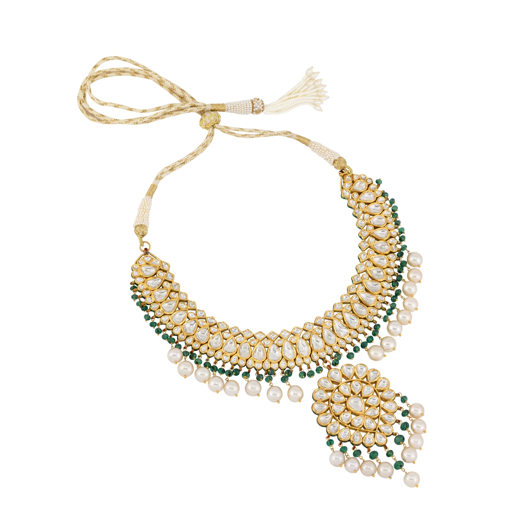 Polki and Pearl Choker Necklace with Emerald Accents